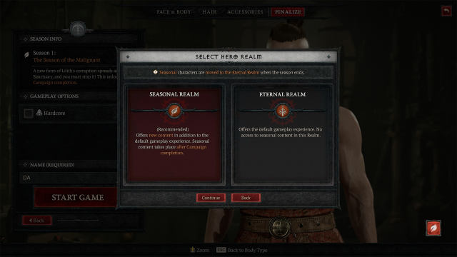 An image of the Realm selection screen coming to Diablo 4, showing the Seasonal and Eternal Realms.