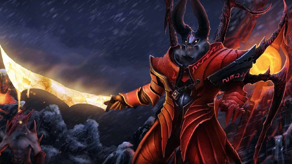 Doom wielding his Infernal Blade during a wintery night on the Dota 2 battlefield.