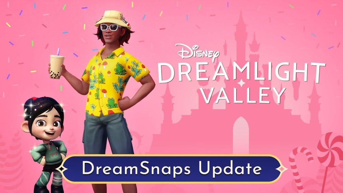 The player standing next to Vanellope and the Disney Dreamlight Valley logo while holding a boba drink.