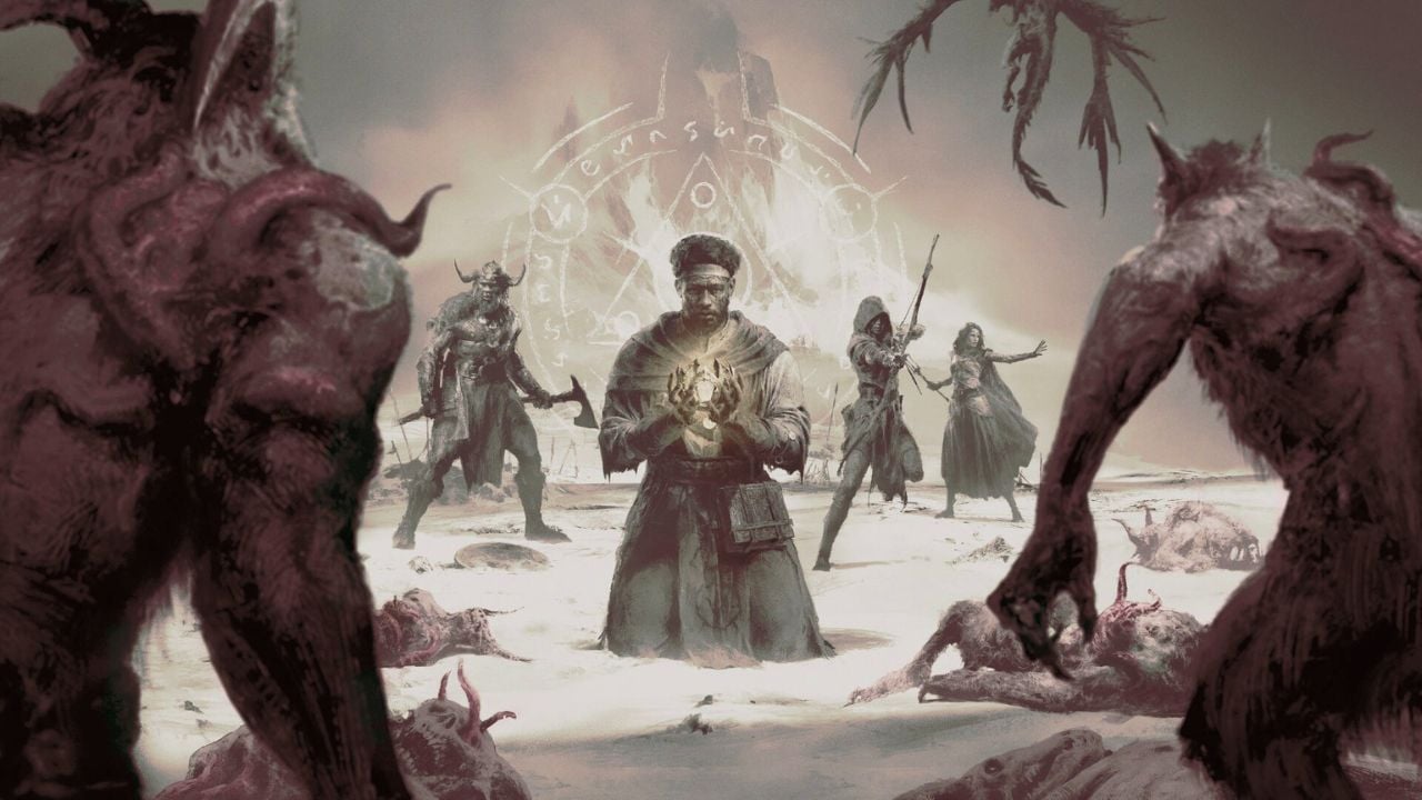 A man holding a glowing ball, a man with an axe, a person with a bow, and a person with a staff facing off against beasts in Diablo 4