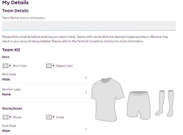 The 'Team Details' screen in FPL, showing options for team name, kit colors and more.