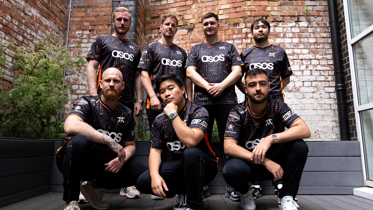 The Fnatic CS:GO team, posing in front of a brick wall at the Red Bull Gaming Sphere in London.