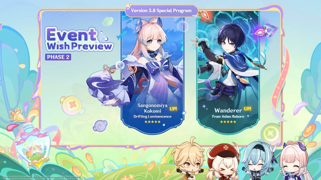 The preview banners for Version 3.8 including Kokomi and Wanderer.
