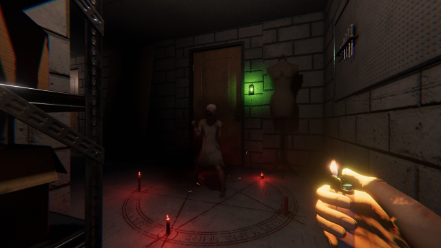 The player holding a lighter and looking at a ghost trapped in the Summoning Circle. 