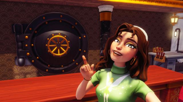 The player taking a selfie with the vault inside Scrooge McDuck's store.
