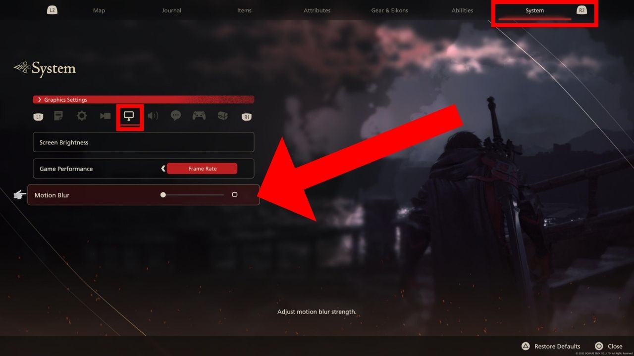 Red boxes and arrows pointing to the Motion Blur slider in Final Fantasy 16