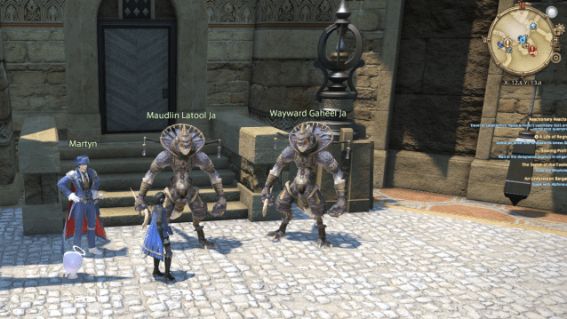 FFXIV screenshot showing NPCs and a Blue Mage in Ul'dah.