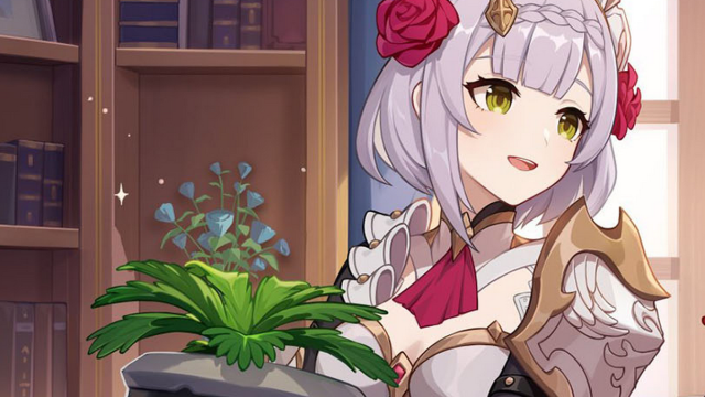 Noelle looking on the right while holding plants in Genshin Impact.