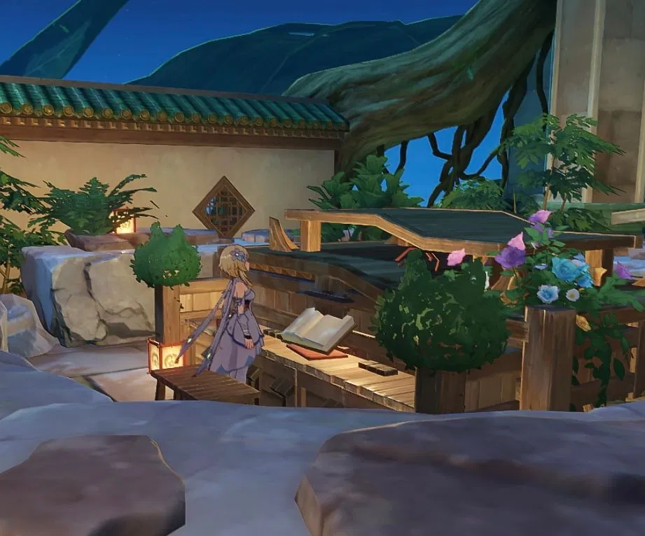 Screenshot showing the female Traveler in a Serenitea Pot design at night.