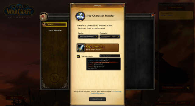 A WoW screenshot showing the free character transfer menu in Season of Mastery. 