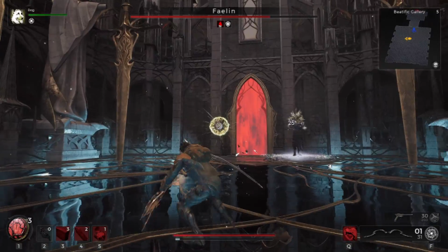 A player dodges an attack from Faelin, while an orb appears across the room in Remnant 2.