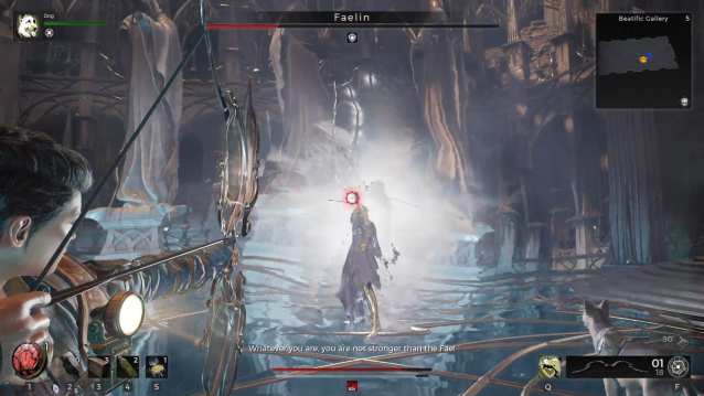 A skeletal figure emerges from the mist holding a sword while a character aims a bow and arrow at them in Remnant 2.