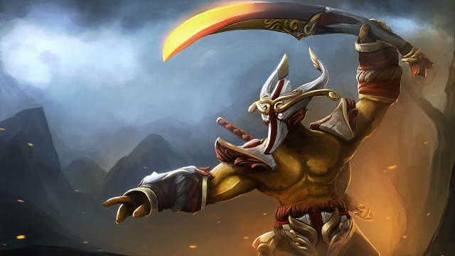 A masked man holds a sword above his head, glowing yellow, with mountains in the background,