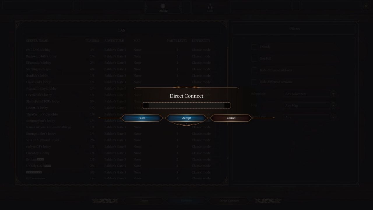 Screen showing server ID direct connect box in Baldur's Gate 3