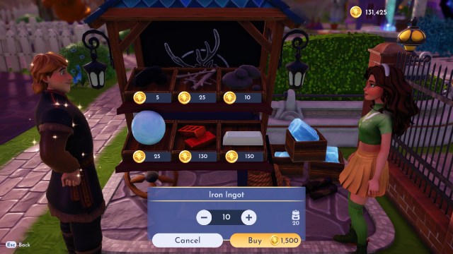 The player preparing to buy 10 Iron Ingots from Kristoff's stall.