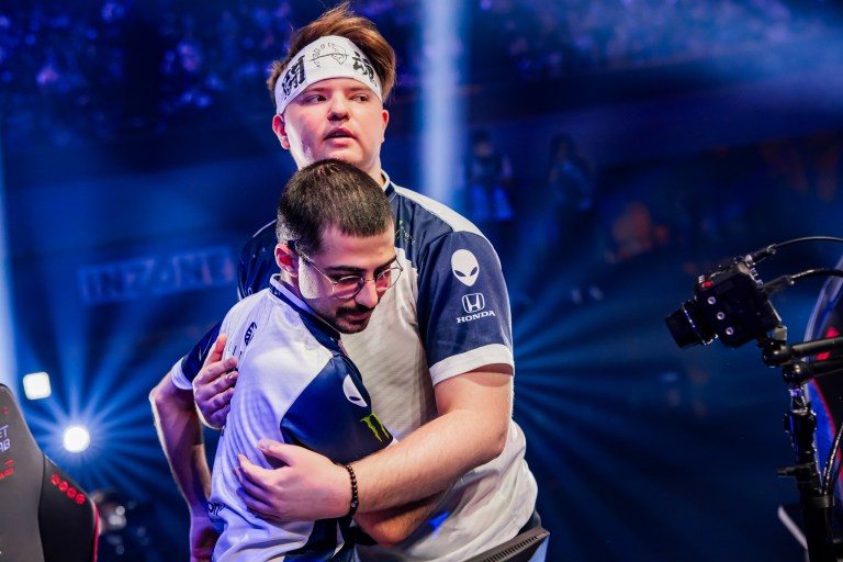 Saif "Sayf" Jibraeel (L) and Igor "Redgar" Vlasov of Team Liquid react onstage at VALORANT Masters Tokyo.