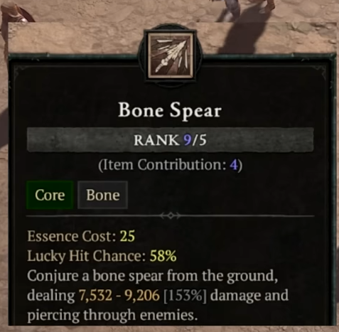 Image of the Bone Spear ability in Diablo 4, showing the Lucky Hit Chance at 58 percent.