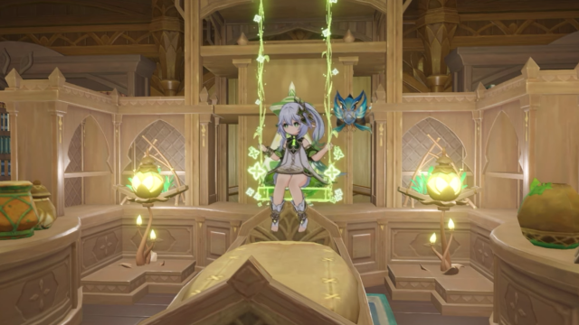 Nahida swinging over a bed.