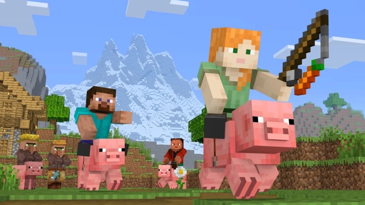 Minecraft characters riding on pigs in an open field.