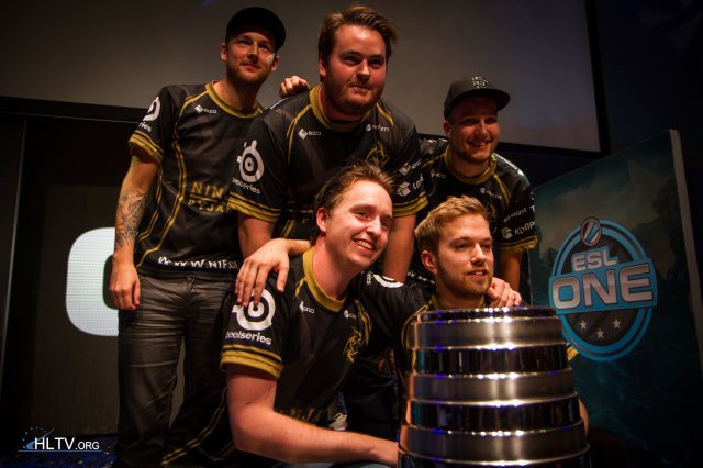 Ninjas in Pyjamas posing with the ESL One Cologne 2014 trophy