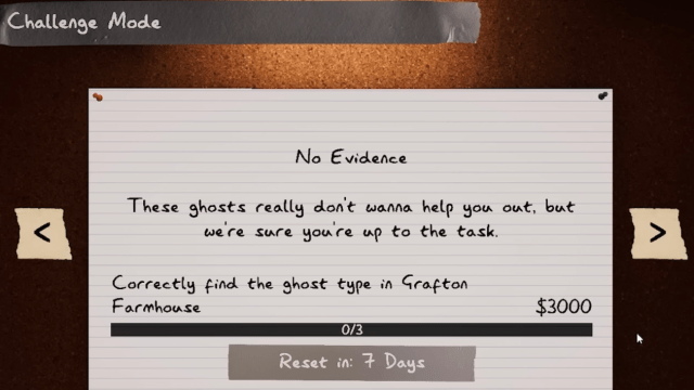 The description of the No Evidence challenges which says: "These ghosts really don't wanna help you out, but we're sure you're up to the task." 