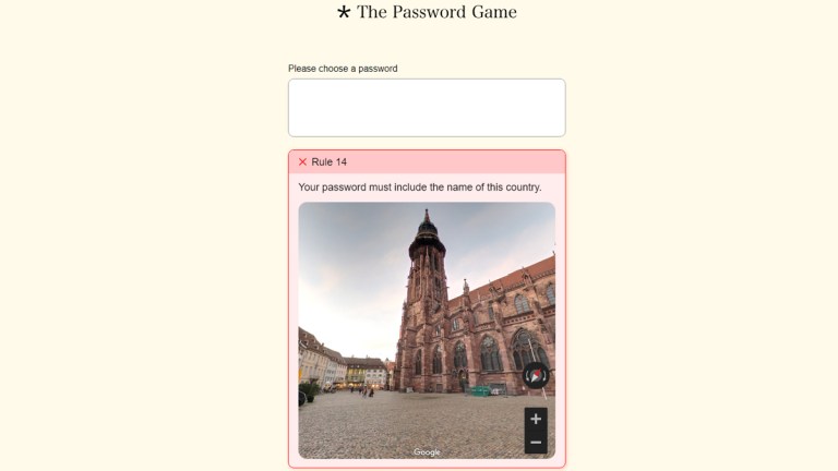 A screenshot of The Password Game, with Rule 14's country Google Maps image search on the screen showing a castle.