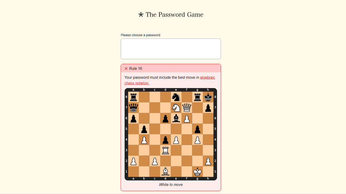 A screenshot of The Password Game in a web browser, with an empty text box and a chess puzzle below.