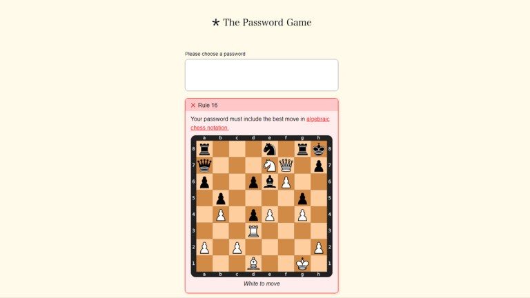 A screenshot of The Password Game in a web browser, with an empty text box and a chess puzzle below.