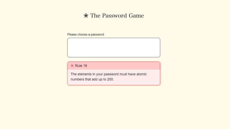 A screenshot of a browser game with a text box for entry, and a red rule box explaining a rule in The Password Game.