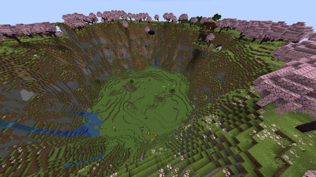 A circular cherry blossom biome with a pillager output sitting on the edge.