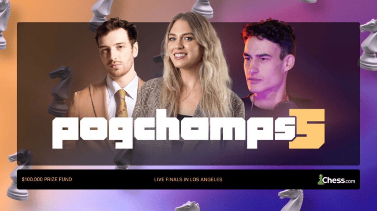 The PogChamps 5 chess tournament graphic, featuring content creators and the website for the event.