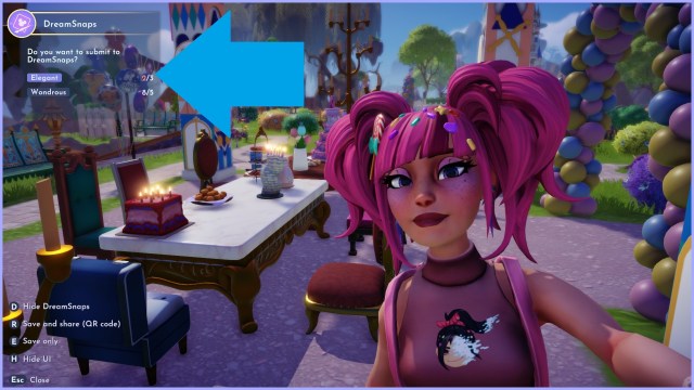 The player taking a selfie with a long dining table and checking the DreamSnaps requirements.