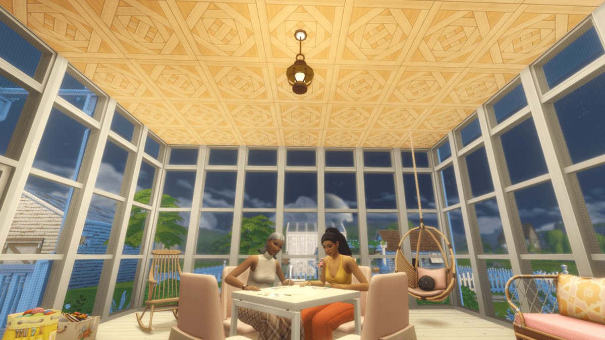 Two sims creating a puzzle in a sunroom with a painted ceiling.