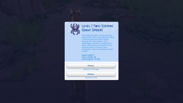 A pop-up from Dreadhorse Caverns asking players to take offense or defense against a spider.