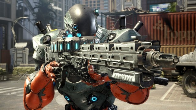 The Deadeye exosuit in Exoprimal is shown wielding an assault rifle in an urban environment.