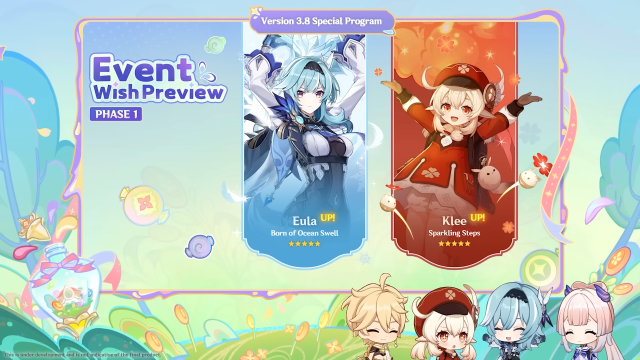 The announcement of the Version 3.8 phase one banners featuring Eula and Klee.