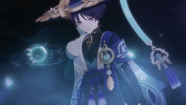 Wanderer smirking as Anemo swirls around him and he charges up and Anemo ball in his hand.