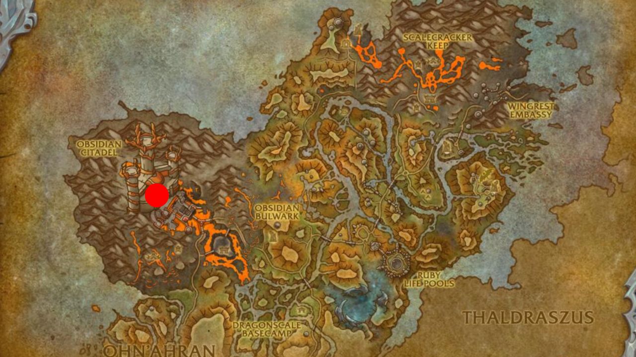 A red dot showing the location of the Obsidian Gemstone in Dragonflight