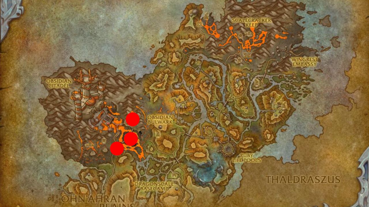 Three red dots on a map showing the location of Warmed Coals in Dragonflight