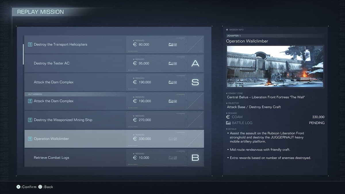 armored core 6 mission replay screen showing numerous scores and battle logs pending or colplete