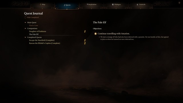 A menu in Baldur's Gate 3 shows a list of quests and details for The Pale Elf.