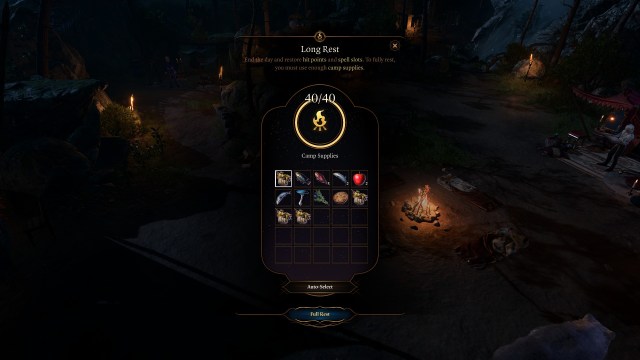 The Long Rest menu in Baldur's Gate 3, showing the required amount of Camp Supplies and items that can be used.