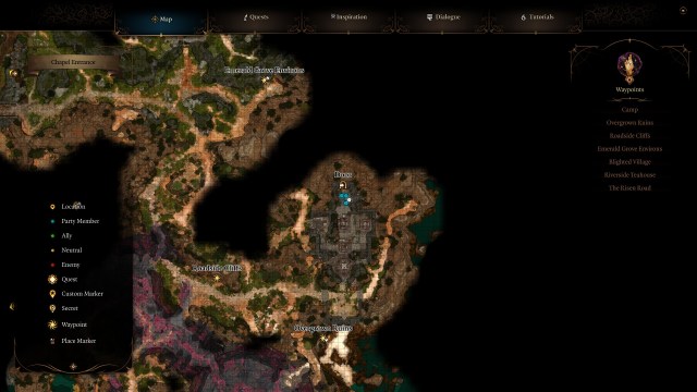 A screenshot of the Baldur's Gate 3 map shows the location of a shovel with one white dot and three blue.