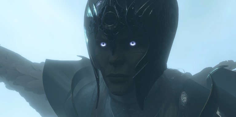 A close-up view of the Nightsong's face in Baldur's Gate 3 as she flies.