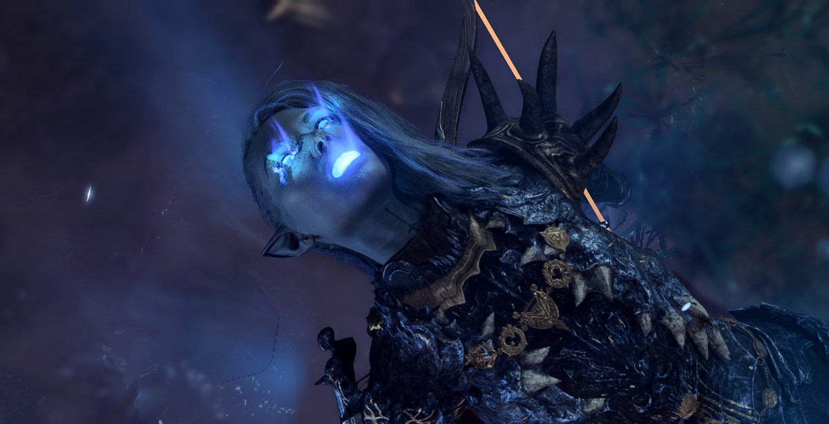 A Drow in Baldur's Gate 3 being mind controlled, with glowing blue eyes and mouth.