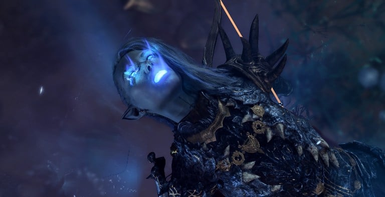 A Drow in Baldur's Gate 3 being mind controlled, with glowing blue eyes and mouth.