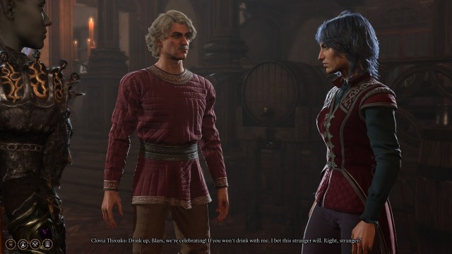 Two proud parents in a tavern in Baldur's Gate 3 speaking to a character.