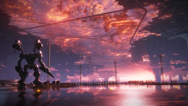 621 in their armored core looking out over a crimson sky. Giant structures loom large in the red sky above a reflective pool of calm water