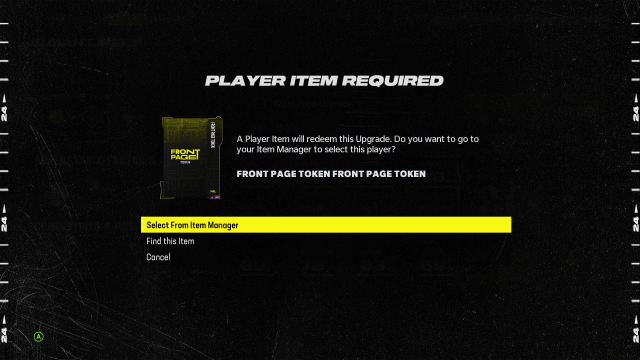 The confirmation screen when upgrading a Headliners Front Page player in Madden 24.