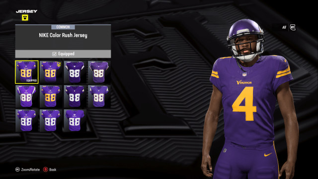 A custom player in Madden 24 wearing the Minnesota Vikings Color Rush jersey.